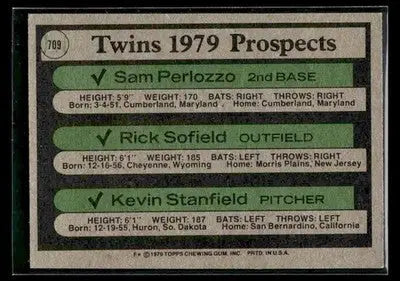 1979 Topps Sam Perlozzo / Rick Sofield / Kevin Stanfield #709 Minnesota Twins