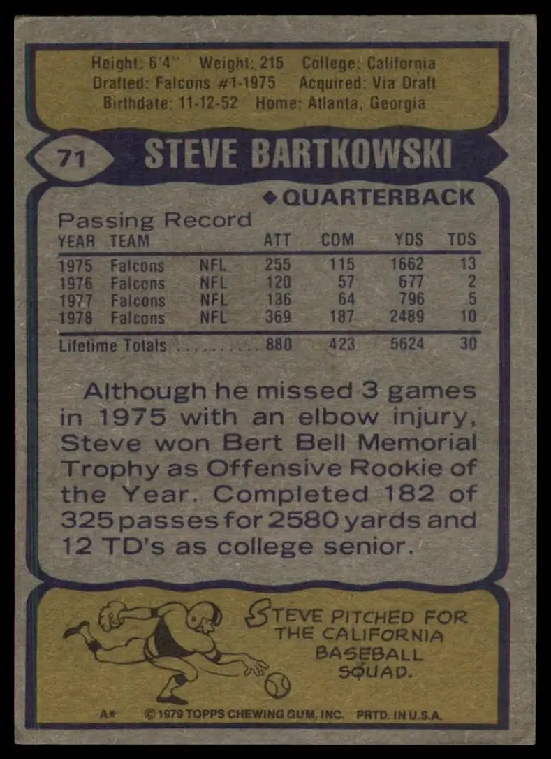 1979 Topps Steve Bartkowski #71 Atlanta Falcons Football Card NFL Sports - Football Card Single