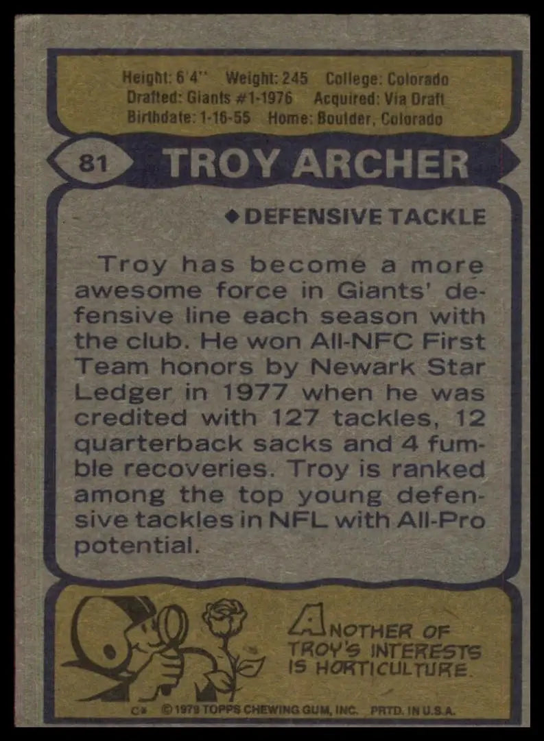 1979 Topps Troy Archer #81 New York Giants Football Card NFL Sports