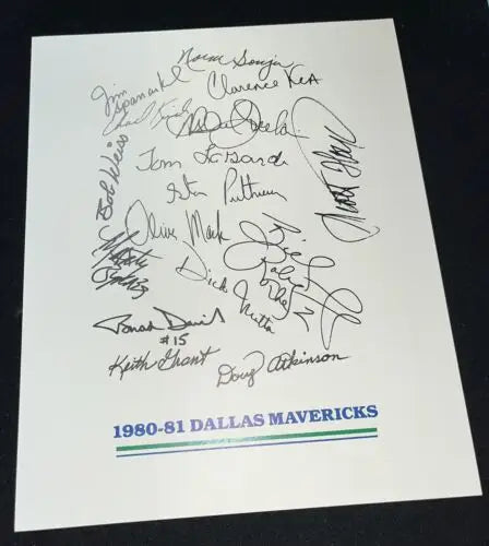 Signed 1980-81 Dallas Mavericks team sheet featuring original player signatures