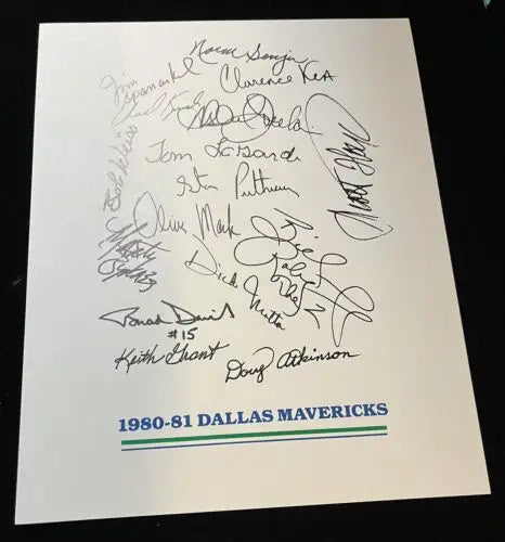Signed 1980-81 Dallas Mavericks team sheet featuring original player signatures