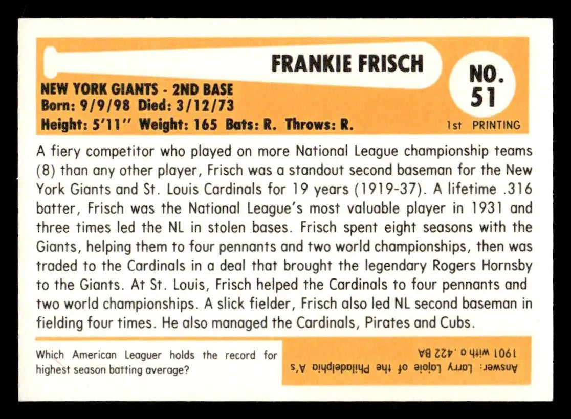 1980-87 SSPC HOF #51a Frankie Frisch - Baseball Card Single