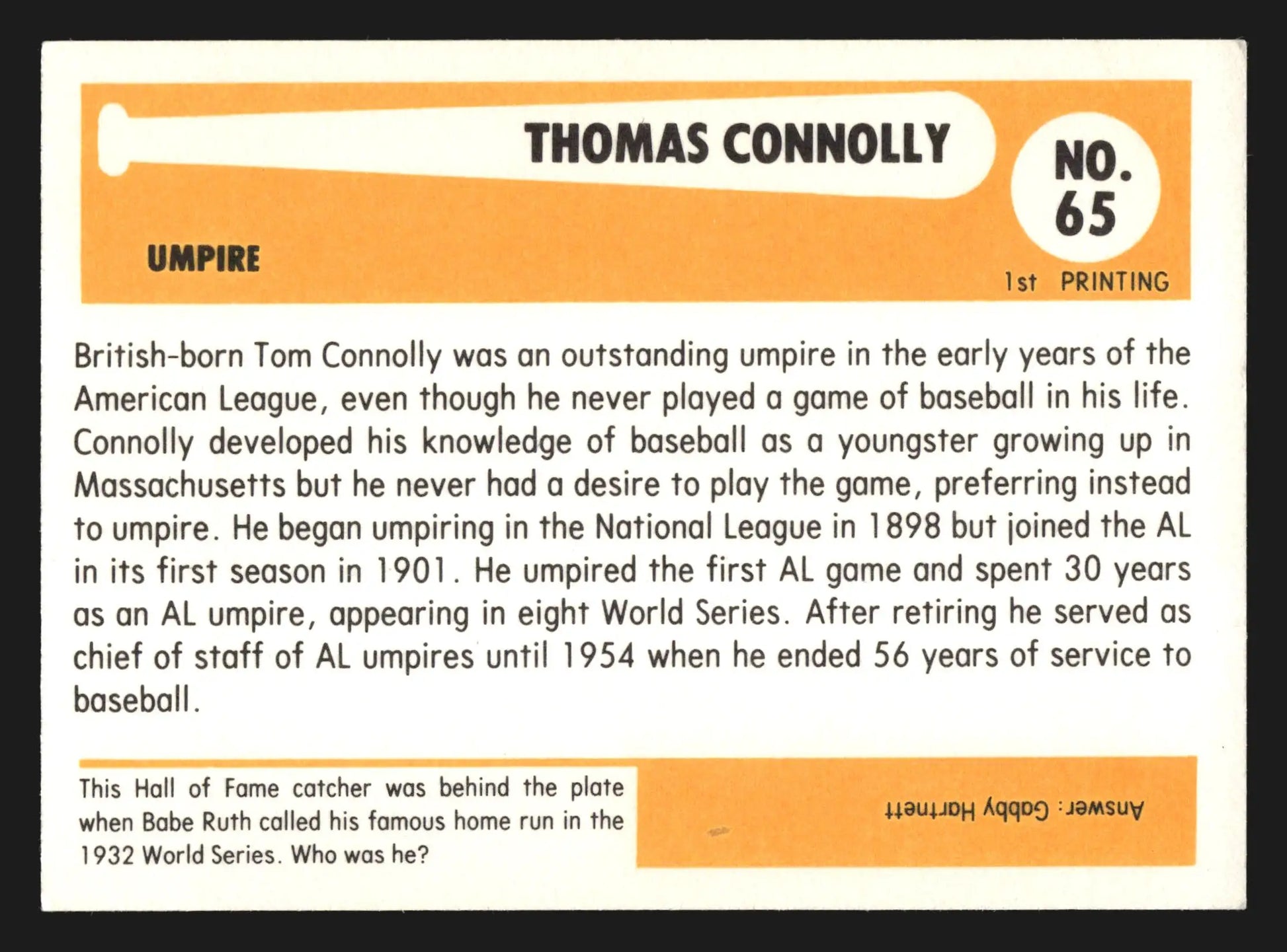 1980 Baseball Immortals #65 Tom Connolly 1st Printing HOF Umpire EX - Baseball Card Single