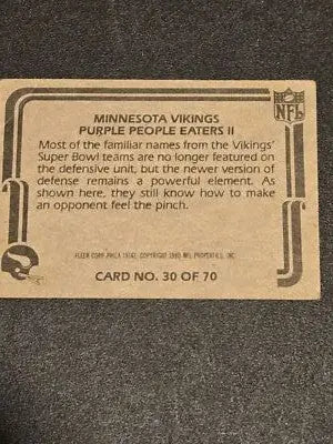 Vintage football card featuring Fleer Team Action Purple People Eaters II 1980