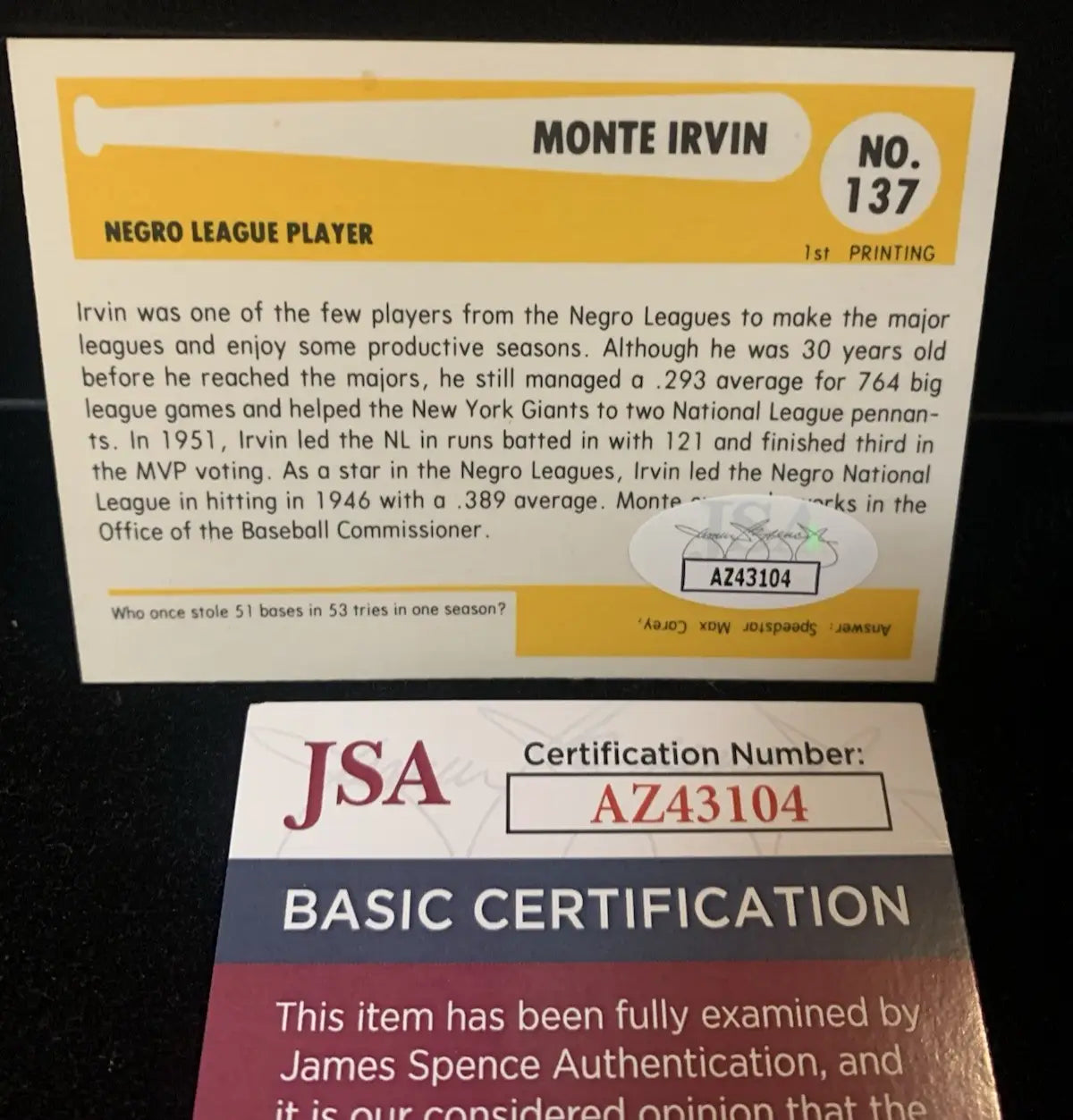 1980 Monte Irvin Signed Baseball Immortals Auto Card #137 NY Giants JSA HOF - Baseball Card Single