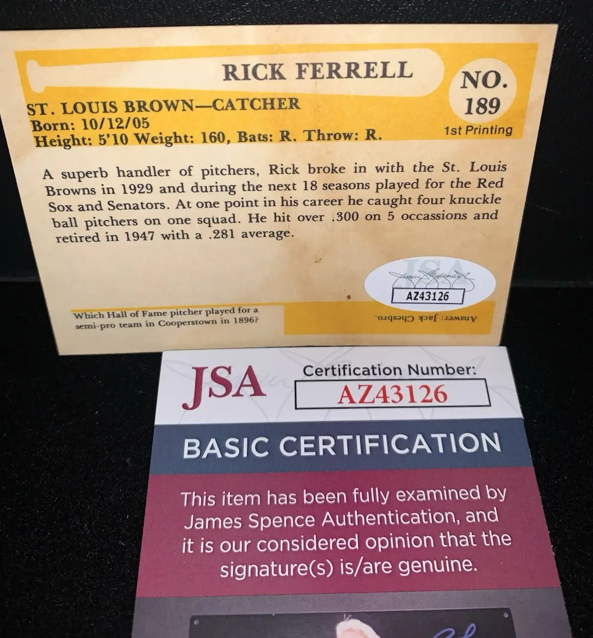 1980 Rick Ferrell Signed Baseball Immortals Auto Card #189 Boston Red Sox JSA - Baseball Card Single