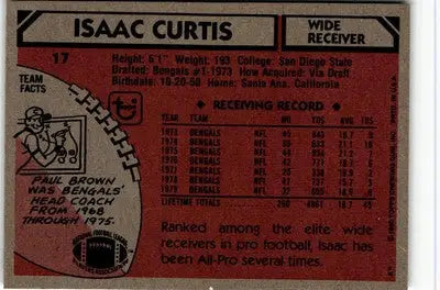 Vintage football card back featuring Isaac Curtis from 1980 Topps Cincinnati Bengals