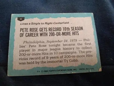 1980 Topps - 1979 Highlights Pete Rose #4. Phillies. Creased. VG-VG+ - Baseball Card Single