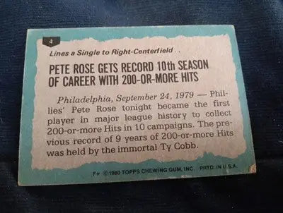 1980 Topps - 1979 Highlights Pete Rose #4. Phillies. Creased. VG-VG+ - Baseball Card Single