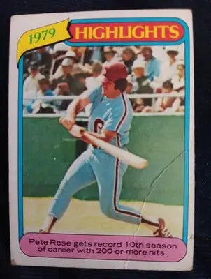 1980 Topps - 1979 Highlights Pete Rose #4. Phillies. Creased. VG-VG+ - Baseball Card Single