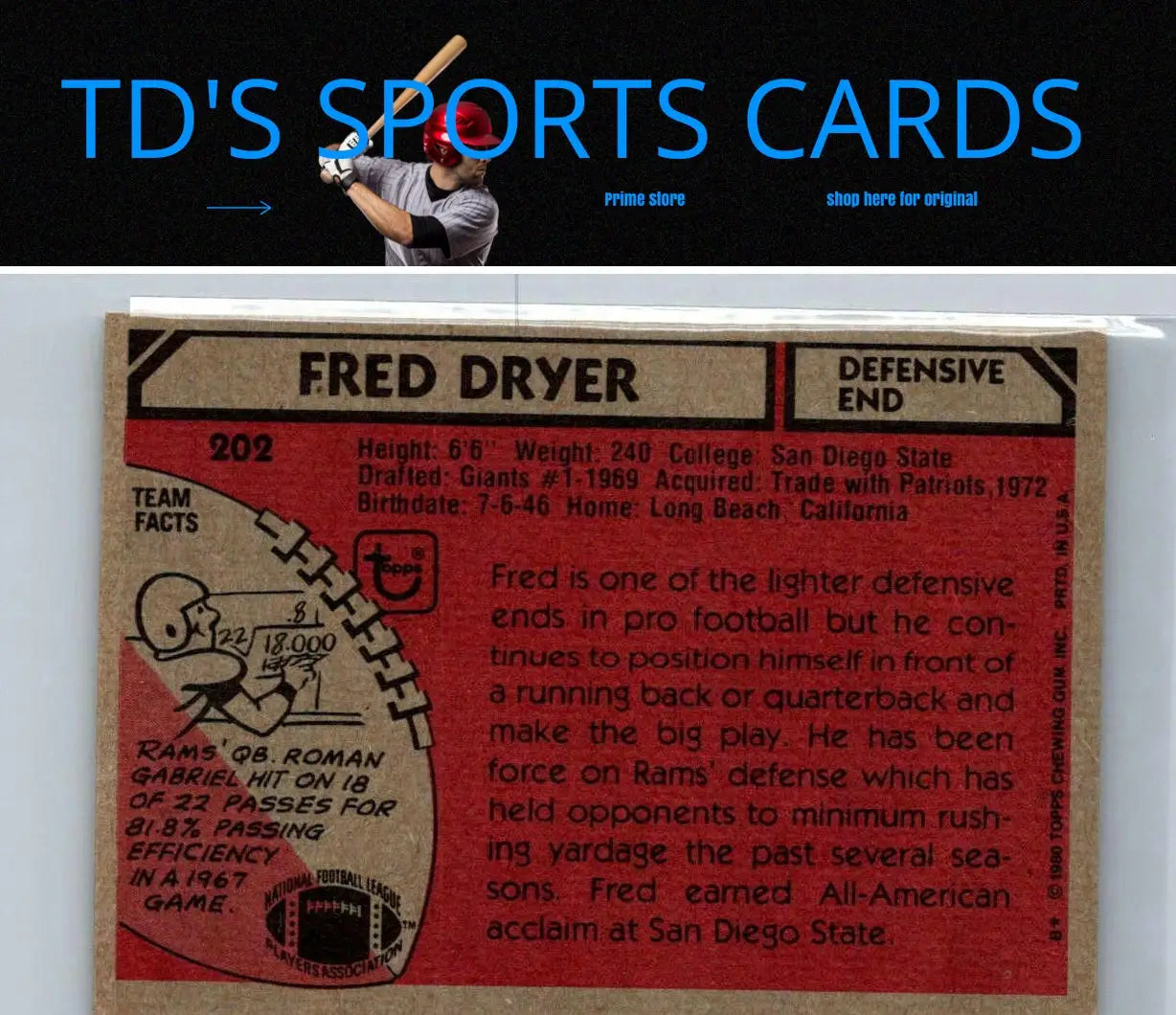 Fred Dryer 1980 Topps #202 trading card showcasing NFL football star Fred Dryer