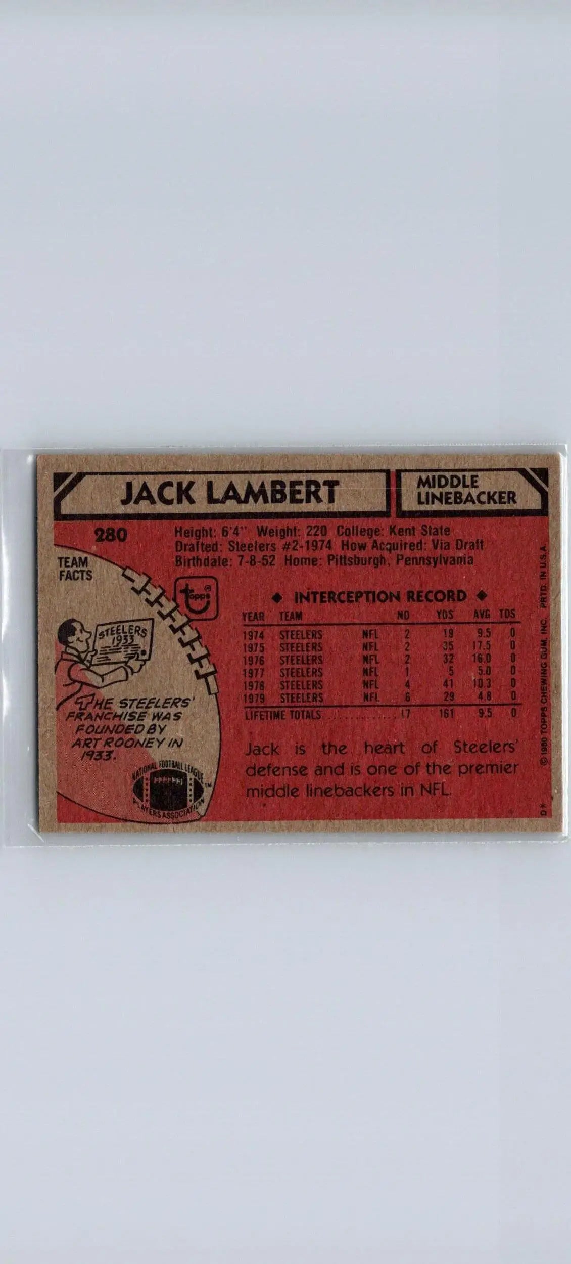 Jack Lambert football card from the 1980 Topps #280 trading cards collection