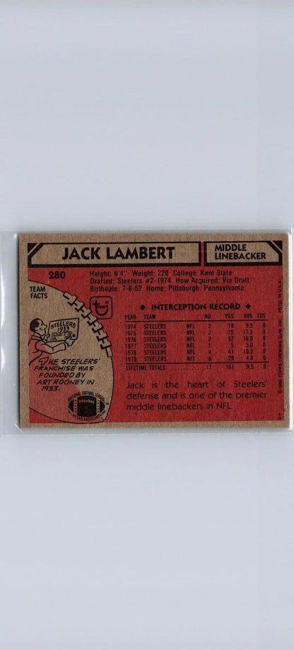 Jack Lambert football card from the 1980 Topps #280 trading cards collection