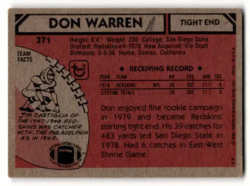Vintage football card featuring Don Warren with original gloss and excellent RC Rookie