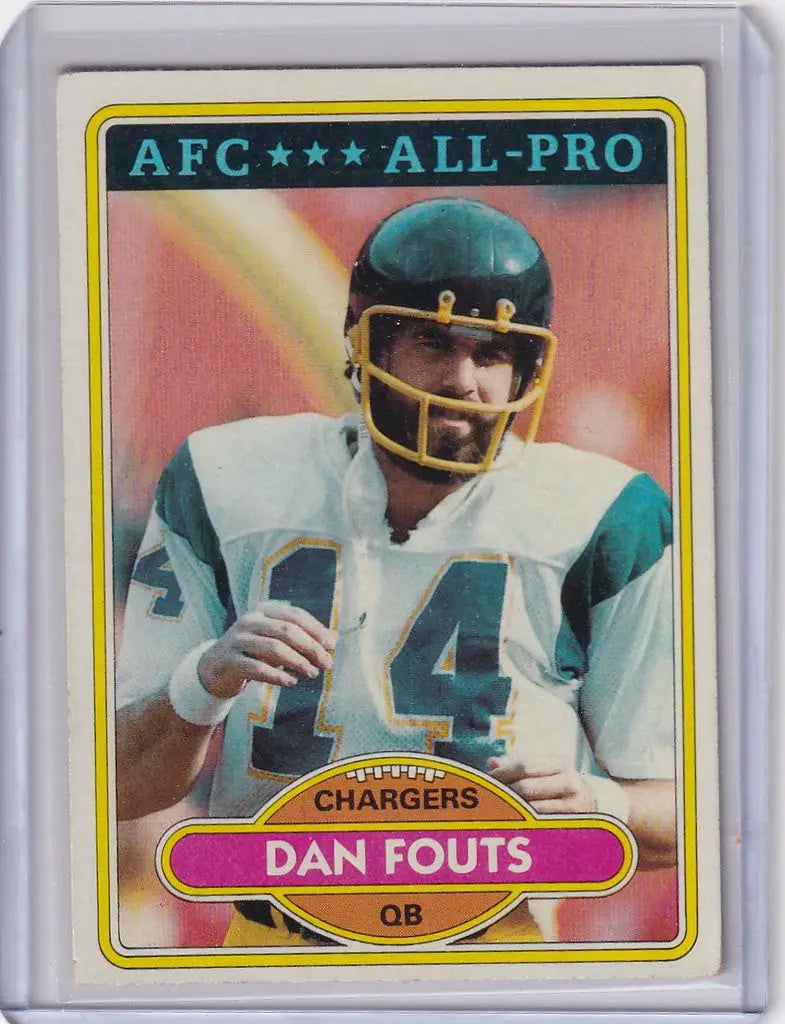 Football trading card of Dan Fouts in teal jersey number 14 for Los Angeles Chargers