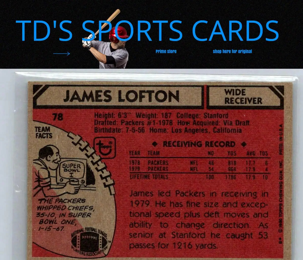 James Lofton football card from 1980 Topps #78, a must-have for trading cards collectors