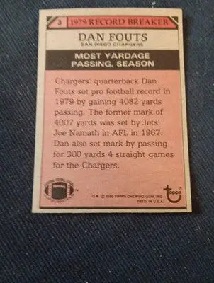1980 Topps - ’79 Record Breaker Dan Fouts #3. Chargers. NRMT+ - Football Card Single