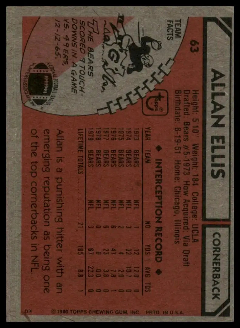 1980 Topps Allan Ellis #63 Chicago Bears Football Card NFL Sports - Football Card Single