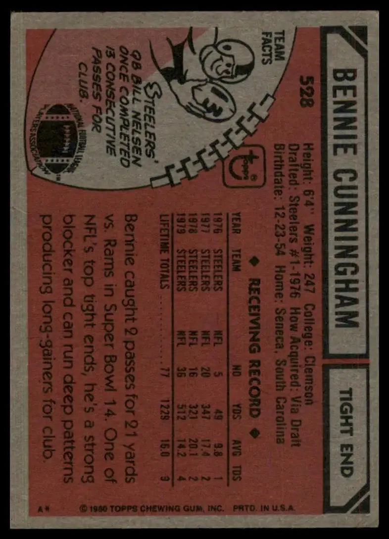 1980 Topps Bennie Cunningham #528 PIttsburgh Steelers Football Card NFL Sports
