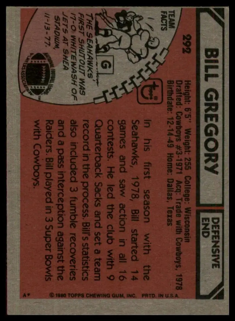 1980 Topps Bill Gregory #292 Seattle Seahawks Football Card NFL Sports - Football Card Single