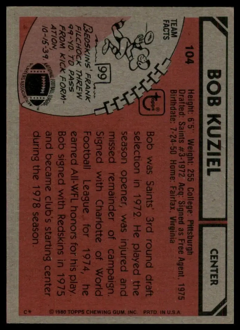 1980 Topps Bob Kuziel #104 Washington Redskins Football Card NFL Sports - Football Card Single