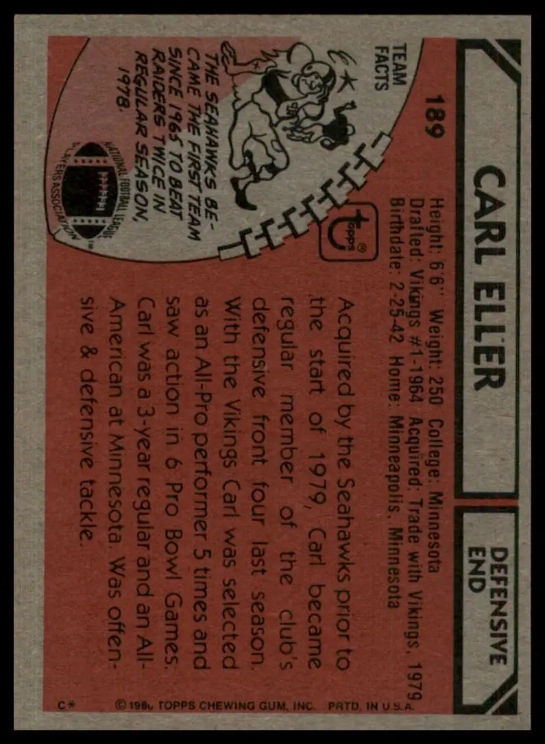 1980 Topps Carl Eller #189 Seattle Seahawks Football Card NFL Sports - Trading Card