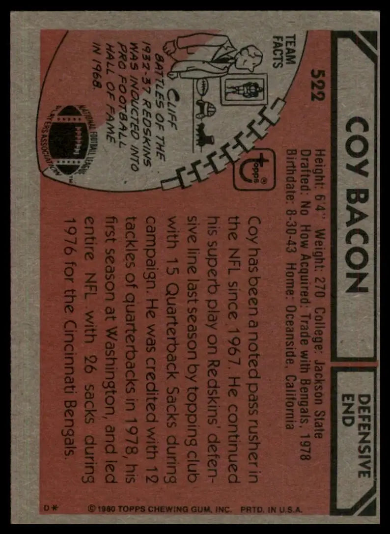 1980 Topps Coy Bacon #522 Washington Redskins Football Card NFL Sports - Football Card Single