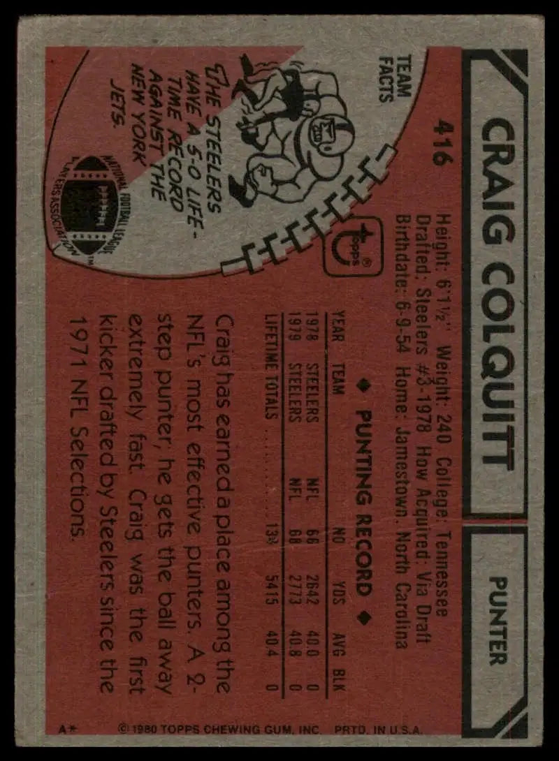 1980 Topps Craig Colquitt #416 Pittsburgh Steelers Football Card NFL Sports