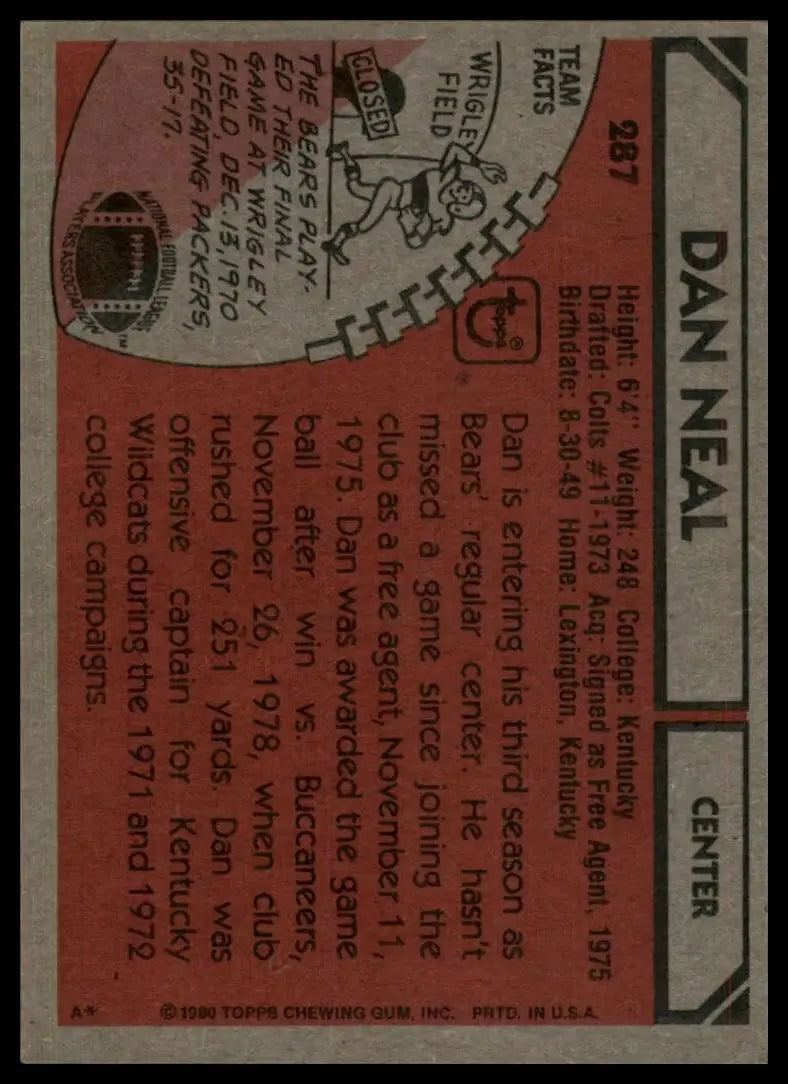 1980 Topps Dan Neal #287 Chicago Bears Football Card NFL Sports