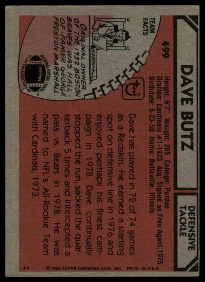 1980 Topps Dave Butz #499 Rookie Washington Redskins Football Card NFL Sports - Trading Cards