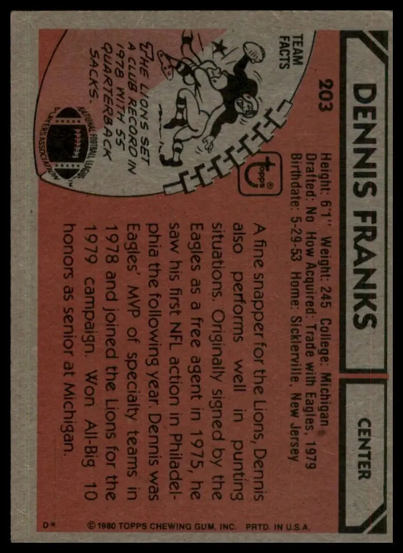 1980 Topps Dennis Franks #203 (RC) Detroit Lions Football Card NFL Sports