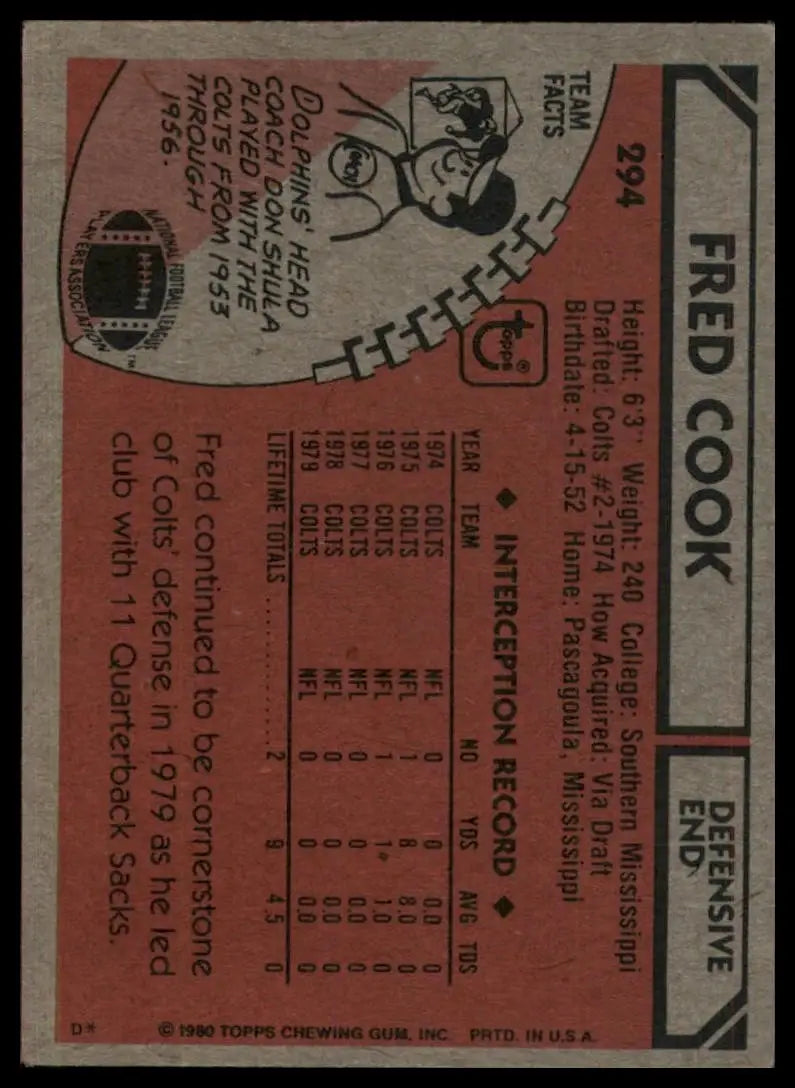 1980 Topps Fred Cook #294 Indianpolis Colts Football Card NFL Sports - Football Card Single