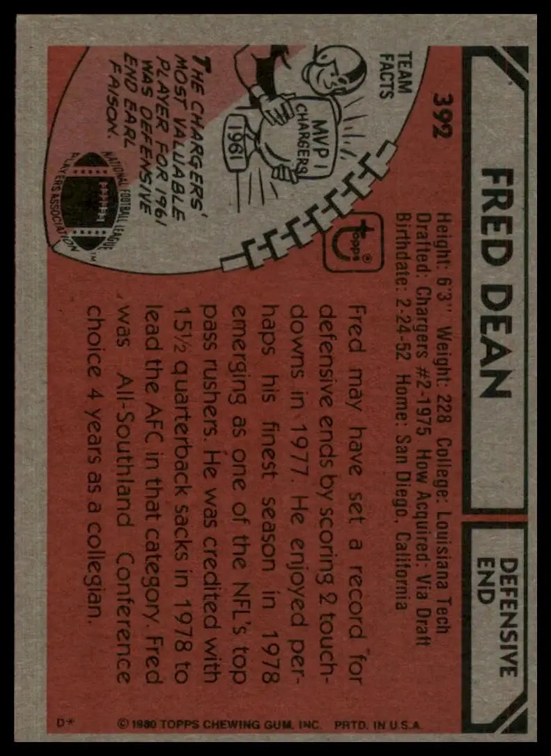 1980 Topps Fred Dean #392 San Diego Chargers Football Card NFL Sports