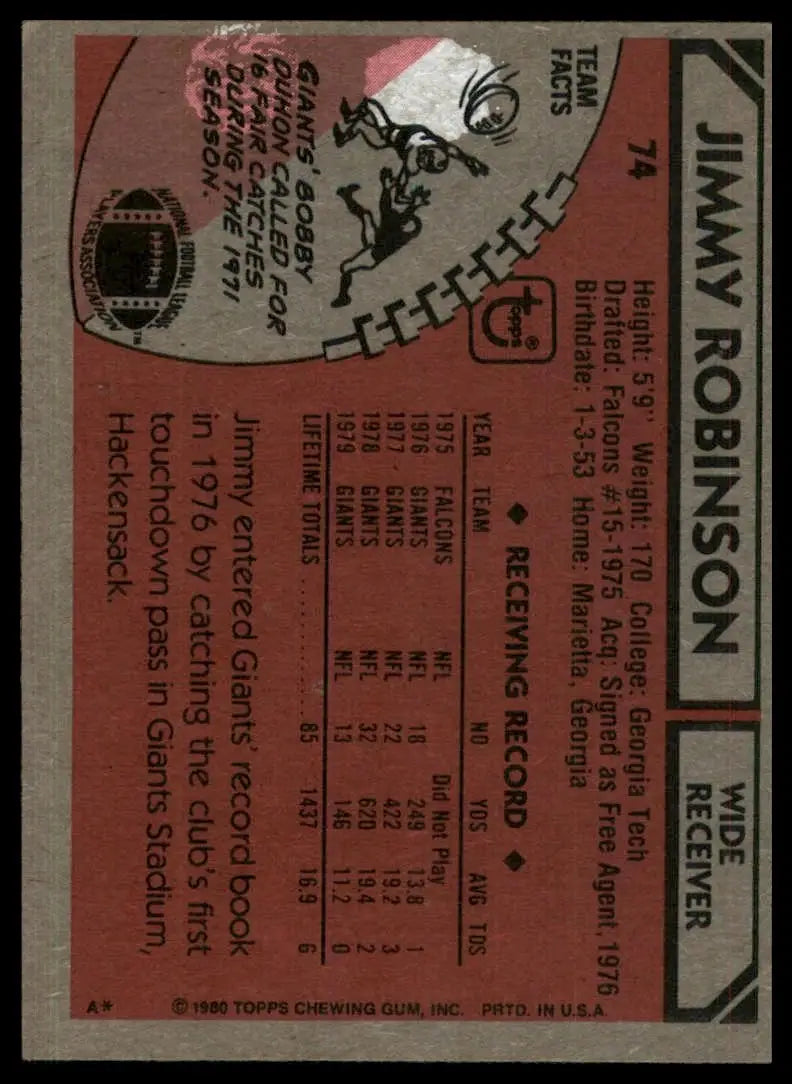 1980 Topps Jim Robinson #74 New York Giants Football Card NFL Sports