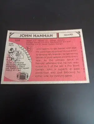 1980 Topps - John Hannah #230. NE Patriots. EX-NRMT - Football Card Single