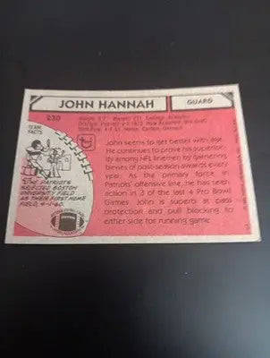 1980 Topps - John Hannah #230. NE Patriots. EX-NRMT - Football Card Single