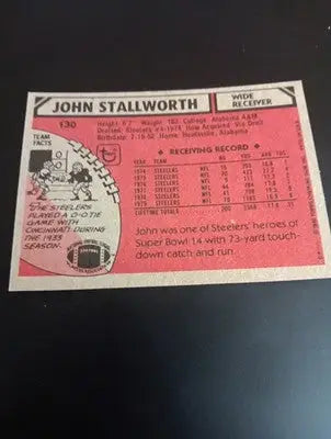 1980 Topps - John Stallworth #130. Pittsburgh Steelers. EX-NRMT - Football Card Single