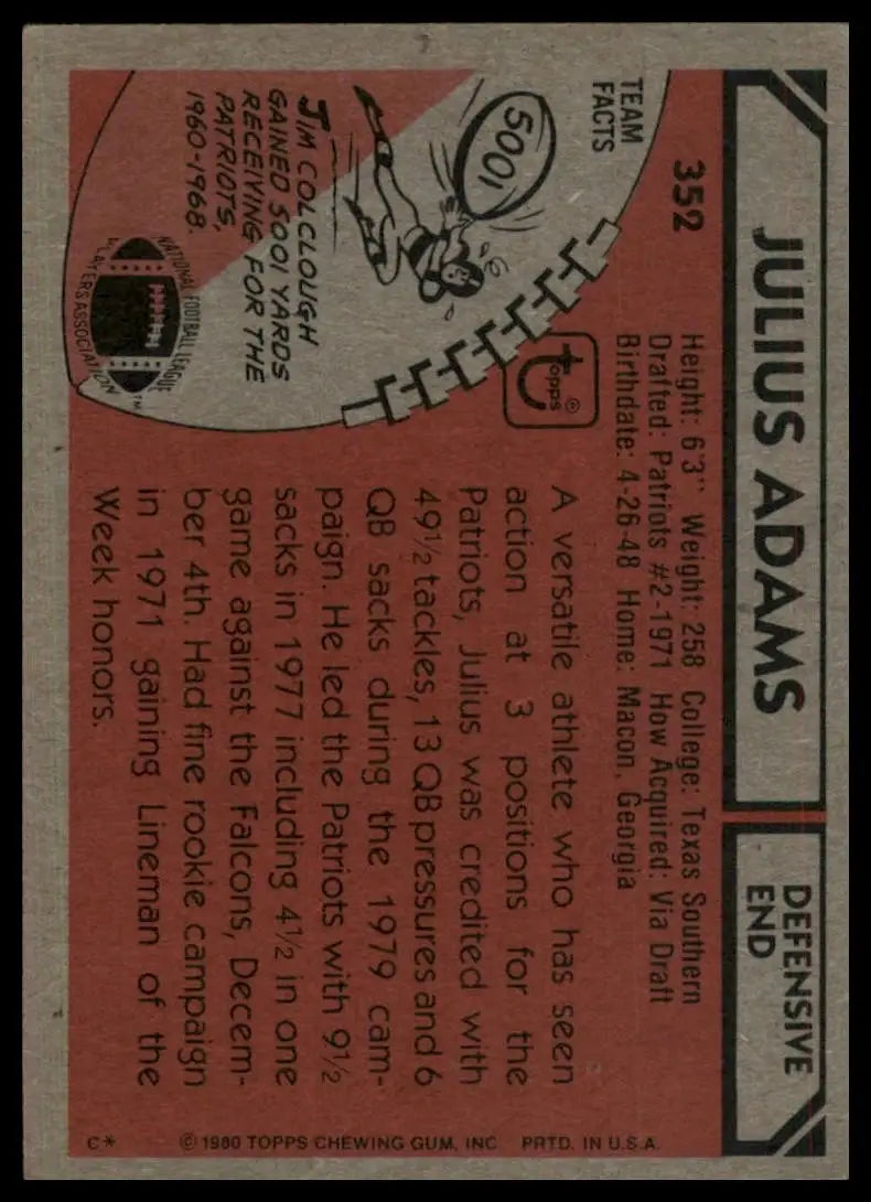 1980 Topps Julius Adams #352 New England Patriots Football Card NFL Sports - Football Card Single