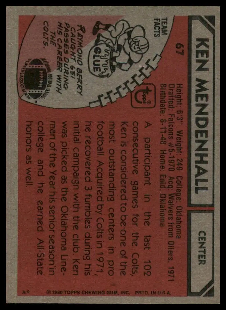 1980 Topps Ken Mendenhall #67 Indianapolis Colts Football Card NFL Sports