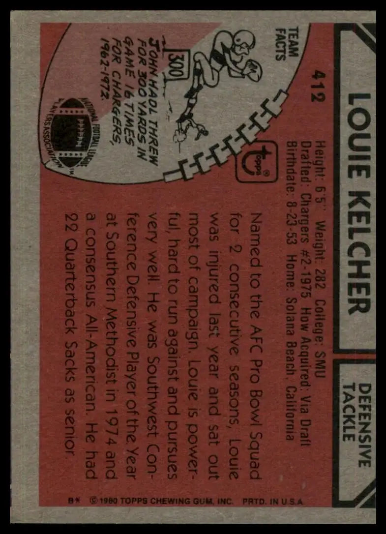 1980 Topps Louie Kelcher #412 San Diego Chargers Football Card NFL Sports
