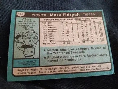 1980 Topps - Mark Fidrych #445. Detroit Tigers. EX+ - Baseball Card Single