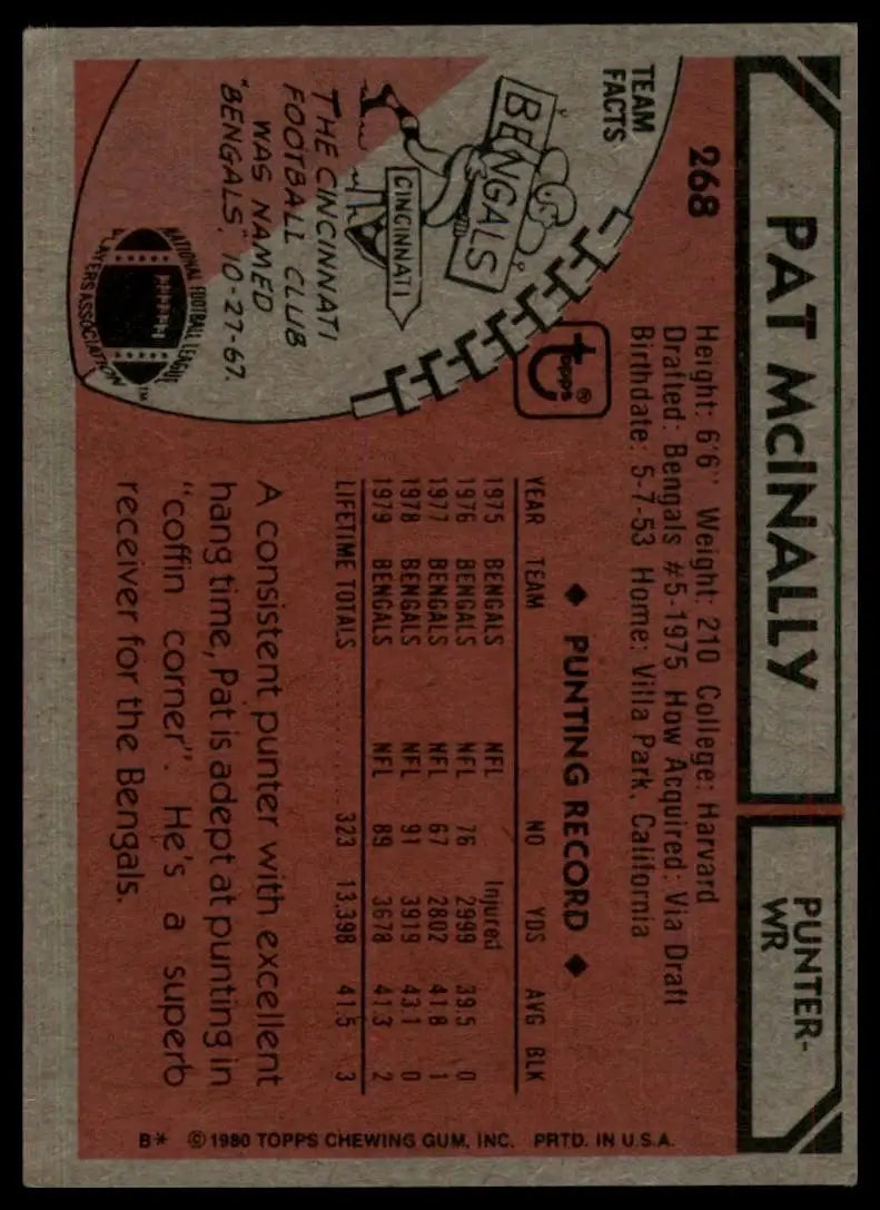 1980 Topps Pat McInally #268 Cincinnati Bengals Football Card NFL Sports - Football Card Single