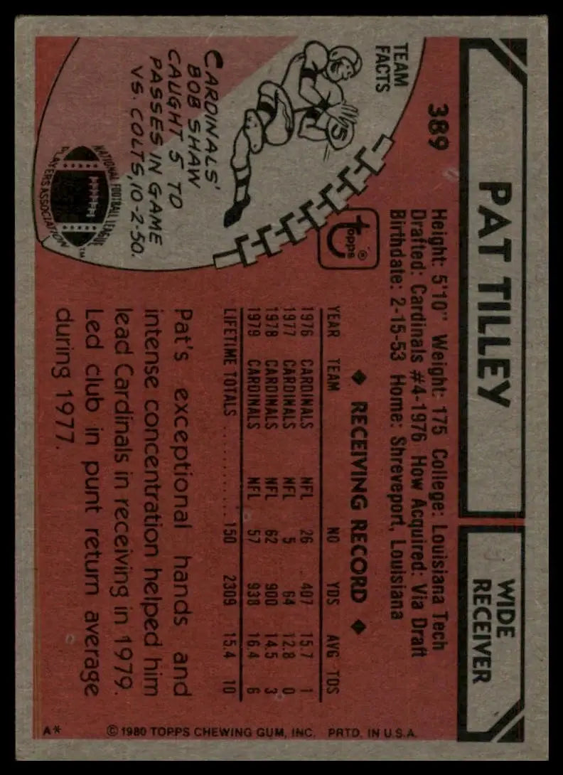 1980 Topps Pat Tilley #389 St Louis Cardinals Football Card NFL Sports