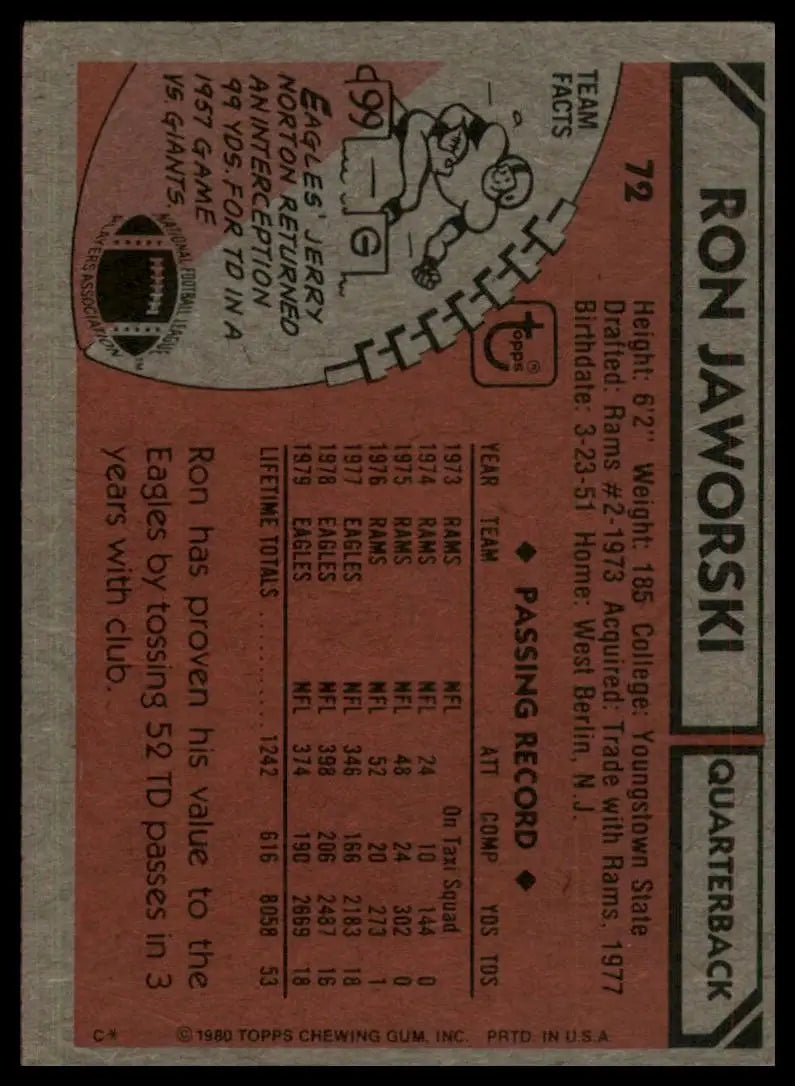 1980 Topps Ron Jaworski #72 Philadelphia Eagles Football Card NFL Sports - Football Card Single
