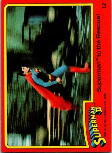 Original gloss 1980 Topps Superman II trading card featuring Superman to the Rescue