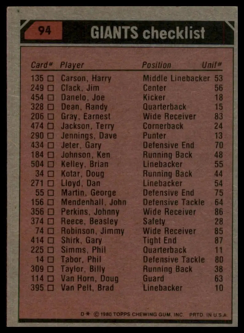 1980 Topps Team Leaders Carson Jackson Martin #94 Rookie New York Giants NFL - Football Card Single