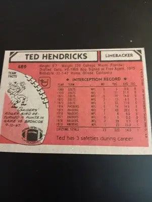 1980 Topps - Ted Hendricks #489. Raiders. EX - EX+ - Football Card Single