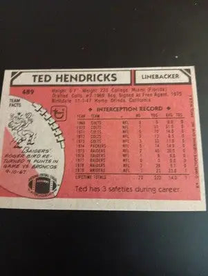 1980 Topps - Ted Hendricks #489. Raiders. EX - EX+ - Football Card Single