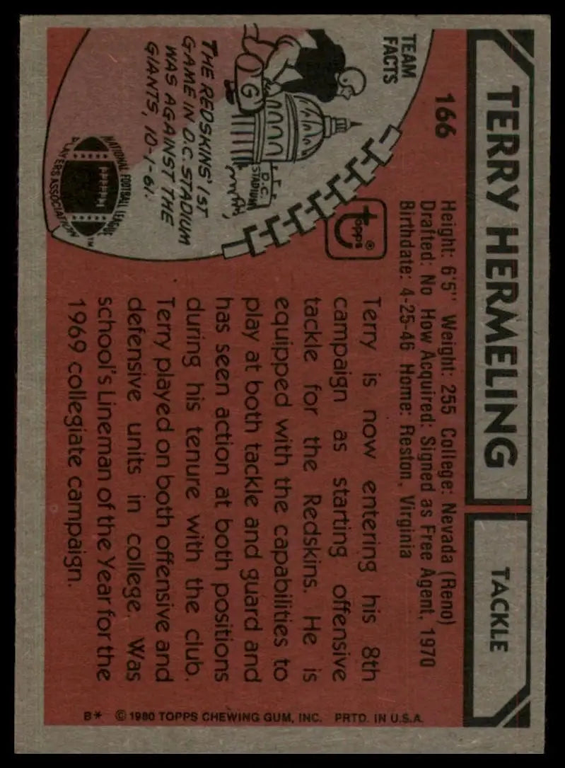 1980 Topps Terry Hermeling #166 Washington Redskins Football Card NFL Sports