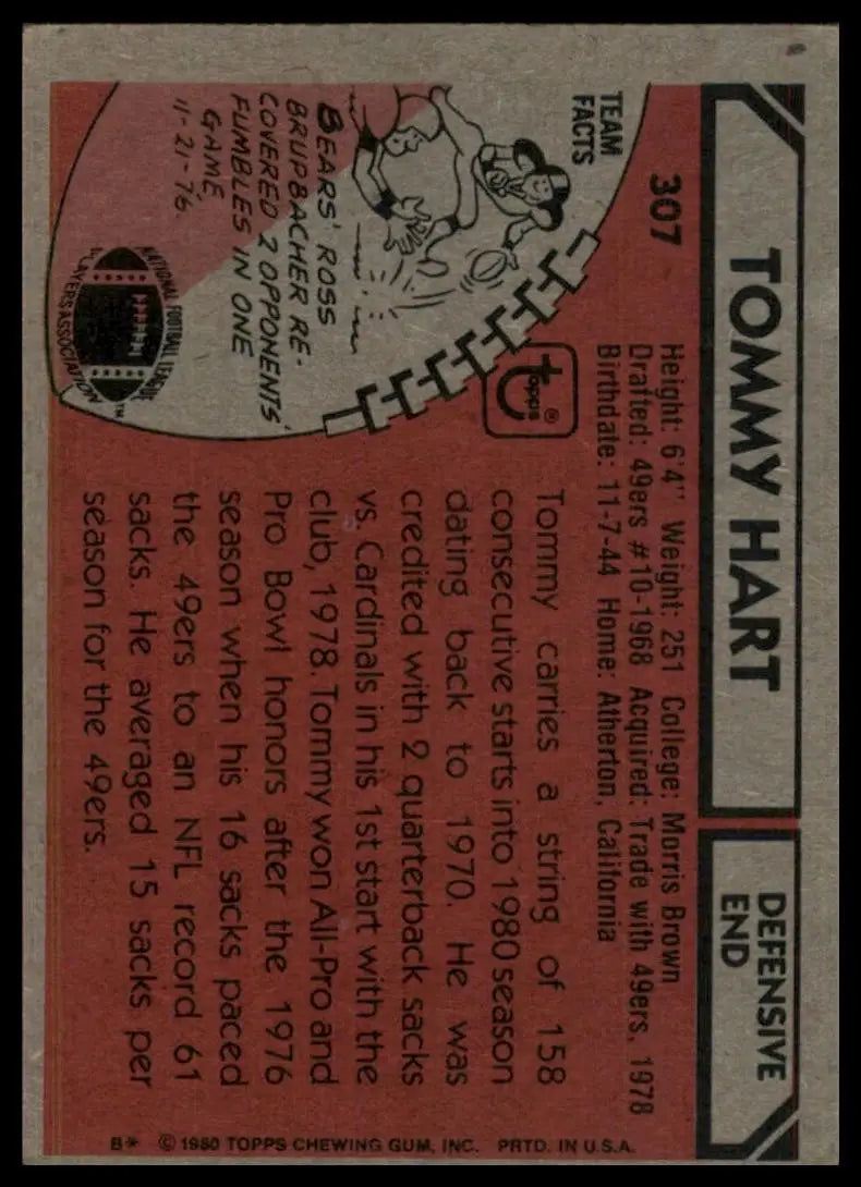 1980 Topps Tommy Hart #307 Chicago Bears Football Card NFL Sports - Football Card Single